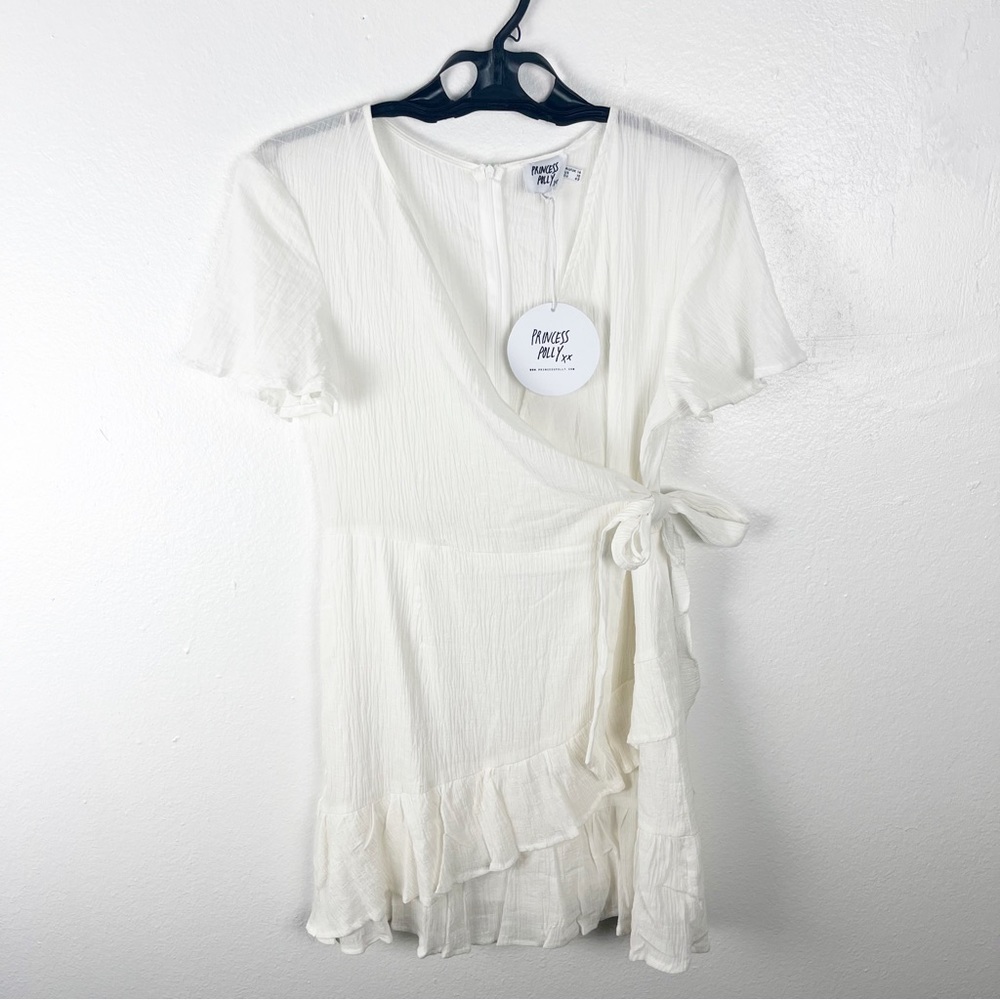 PRINCESS POLLY 100% Cotton Company For One White Faux Wrap Ruffle Hem Dress 10